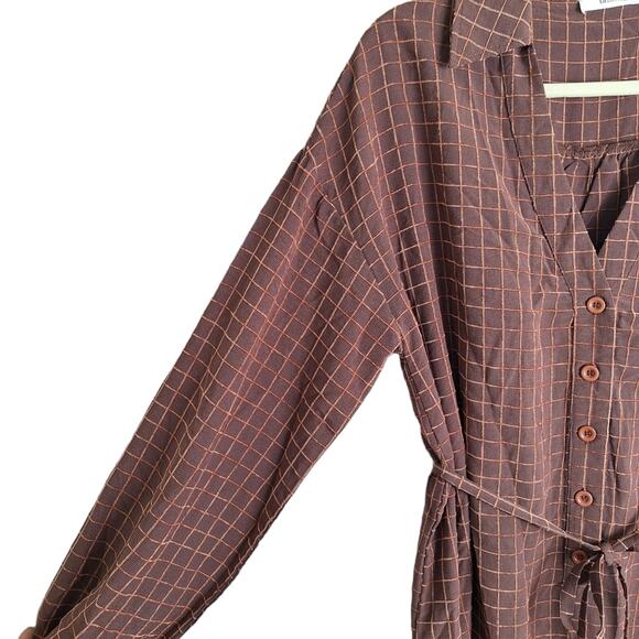 Lalavon Brown & Caramel Check Pattern Mini Dress Peasant Sleeves L - Picture 7 of 12